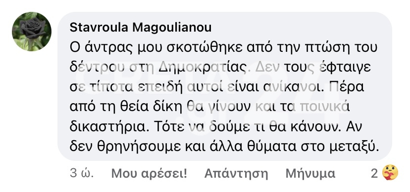 Ηράκλειο: Οργισμένη αντίδραση της χήρας του Π. Μητρέλου μετά τη νέα πτώση δέντρου