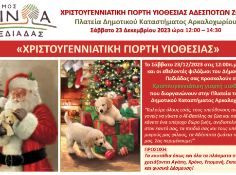 «Χριστουγεννιάτικη γιορτή υιοθεσίας αδέσποτων ζώων» – Στην Πλατεία Δημοτικού καταστήματος Αρκαλοχωρίου