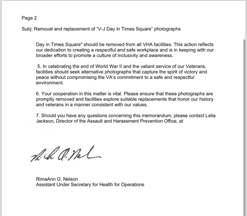 The VA memo requesting the "V-J Day in Times Square" be removed.