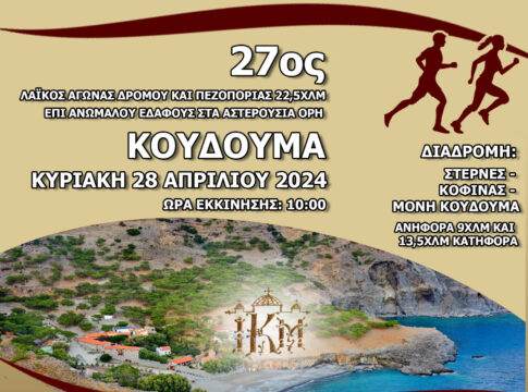 Κυκλοφοριακές ρυθμίσεις την Κυριακή των Βαΐων λόγω της διεξαγωγής του 27ου Αγώνα Ανώμαλου Δρόμου και Πεζοπορίας Κουδουμά