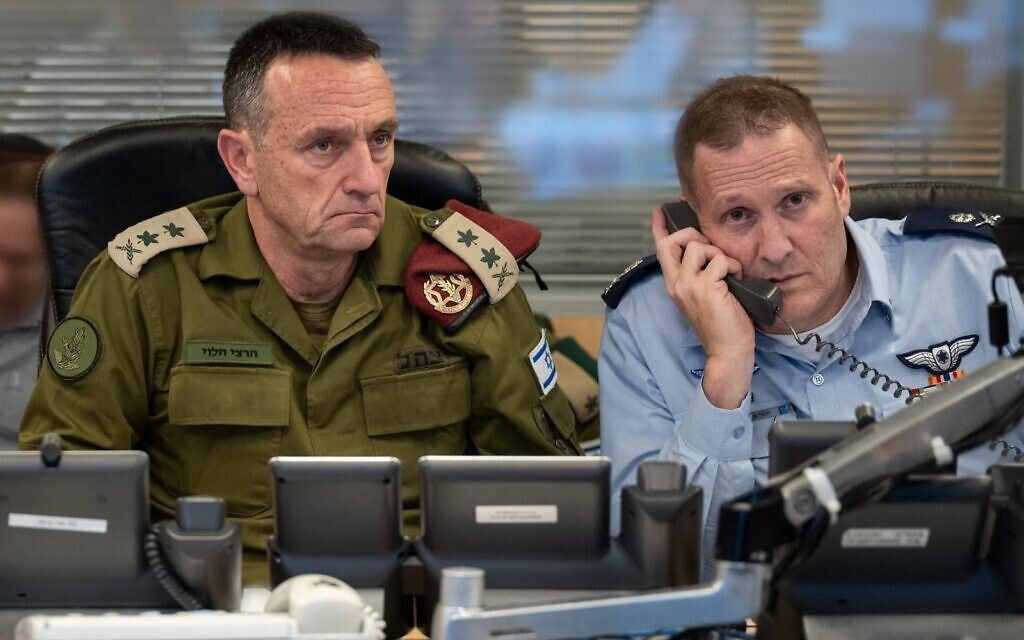 An IDF handout photo released on October 26, 2024, shows Chief of Staff Lt. Gen. Herzi Halevi and IAF commander Maj. Gen. Tomer Bar in a bunker below the Kirya military base in Tel Aviv. (Israel Defense Forces)