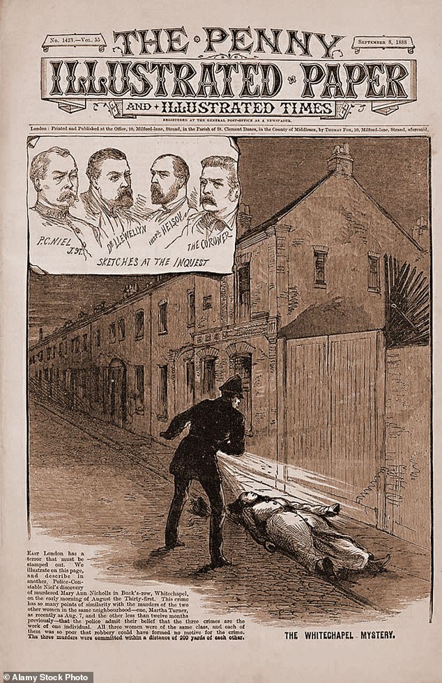 Cover of The Penny Illustrated Paper (September 8, 1888) showing a policeman finding the body of Mary Ann Nichols, a victim of the serial killer Jack the Ripper