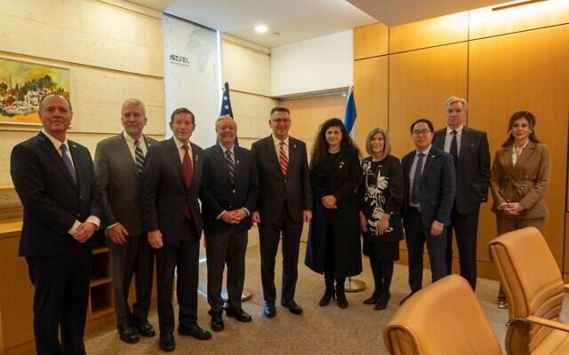 Foreign Minister Gideon Sa'ar meets with a bipartisan group of US senators and Deputy Middle East Special Envoy Morgan Ortagus, February 17, 2025 (Yafit Iliagoyav/Foreign Ministry)