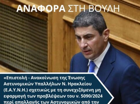 Παρέμβαση Λευτέρη Αυγενάκη για τη μη εφαρμογή του ν. 5090/2024 – Αναφορά στη Βουλή για την αποκατάσταση της εύρυθμης λειτουργίας της ΕΛ.ΑΣ.