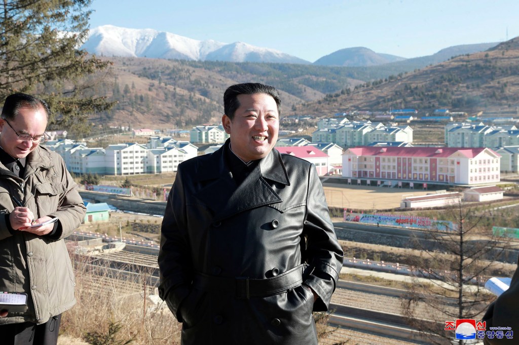 This undated photo provided on Nov. 16, 2021, by the North Korean government, North Korean leader Kim Jong Un inspects the construction site of Samjiyon city development project in Ryanggang province, North Korea.