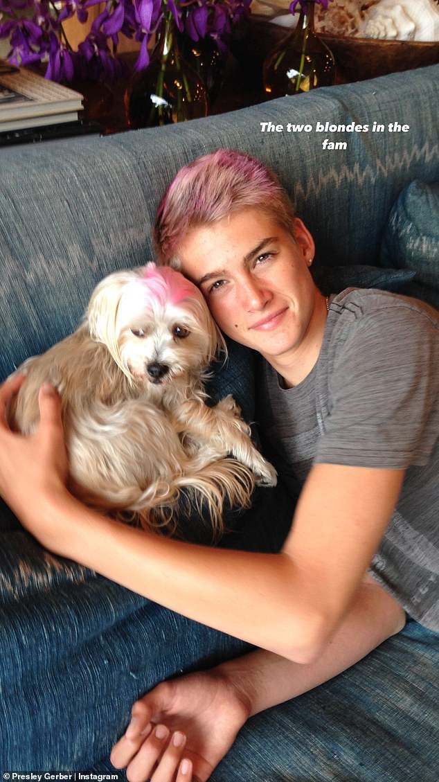 The model shared a photo of himself and Widget from their youth, and Gerber seemed happy to have 'two blondes in the fam'