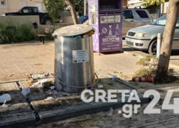 Ηράκλειο: Ξεχειλισμένος κάδος σκουπιδιών στην είσοδο πάρκου «δεν αδειάζει ποτέ»
