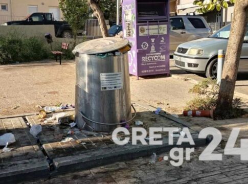 Ηράκλειο: Ξεχειλισμένος κάδος σκουπιδιών στην είσοδο πάρκου «δεν αδειάζει ποτέ»