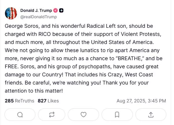 Ο Τραμπ ζητά να κατηγορηθούν ο Σόρος και ο γιος του για οργανωμένο έγκλημα