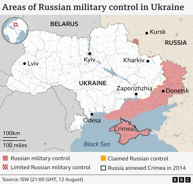 Map showing which areas of Ukraine are under Russian military control or limited Russian control. It is about 20% of the country's east and south.