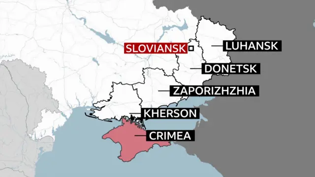 Map of eastern Ukraine highlighting the four regions Russia unilaterally annexed in 2022. From north to south: Luhansk, Donetsk, Zaporizhzhia and Kherson. Further south, in red, is Crimea
