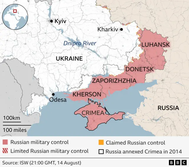 Map showing which areas of east of Ukraine are under Russian military control or limited Russian control