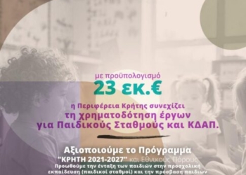 Η Περιφέρεια Κρήτης συνεχίζει τη χρηματοδότηση παιδικών σταθμών και ΚΔΑΠ με 23 εκ. ευρώ