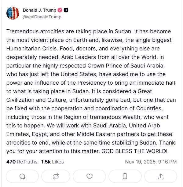 Ο Τραμπ, προανήγγειλε άμεση δράση για τον τερματισμό του πολέμου στο Σουδάν