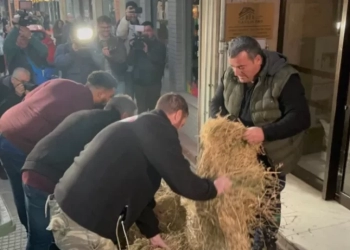 Λάρισα: Αγρότες έριξαν σανό έξω από πολιτικά γραφεία – «Εμπαιγμός η πρόσκληση του πρωθυπουργού»