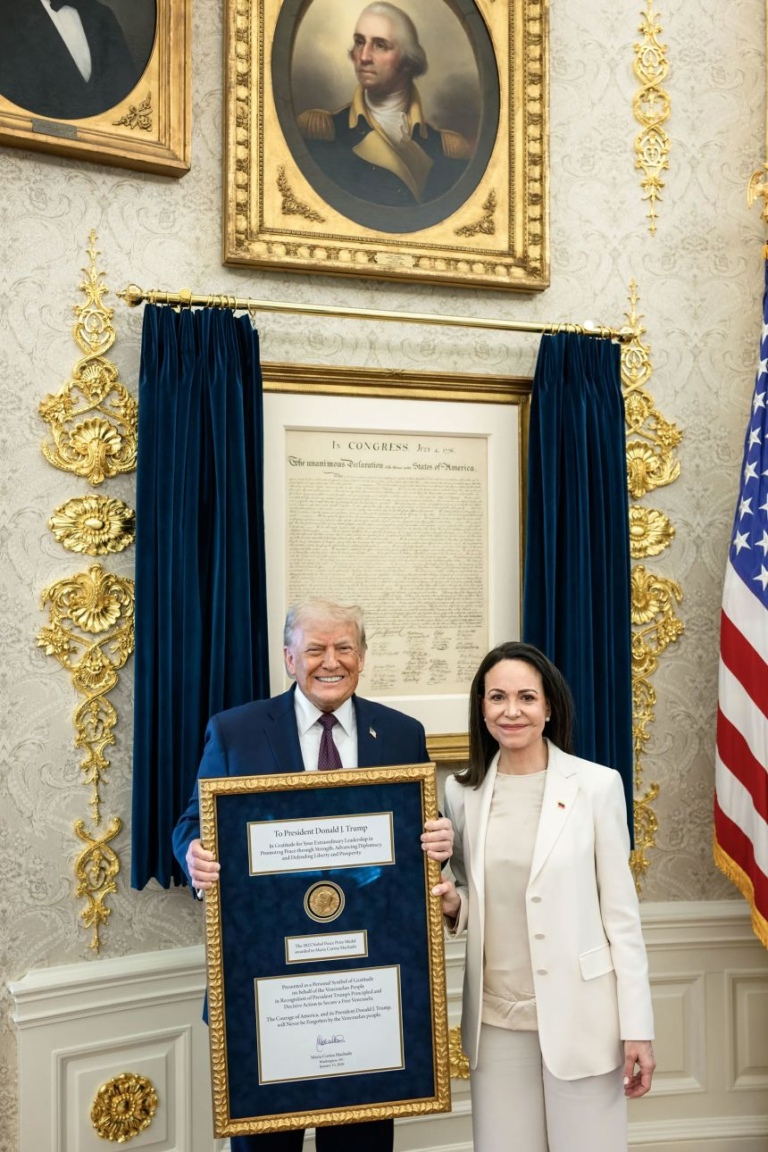 President Donald Trump meets with María Corina Machado in the Oval Office, where she presented him with her Nobel Peace Prize, on January 15, 2026.