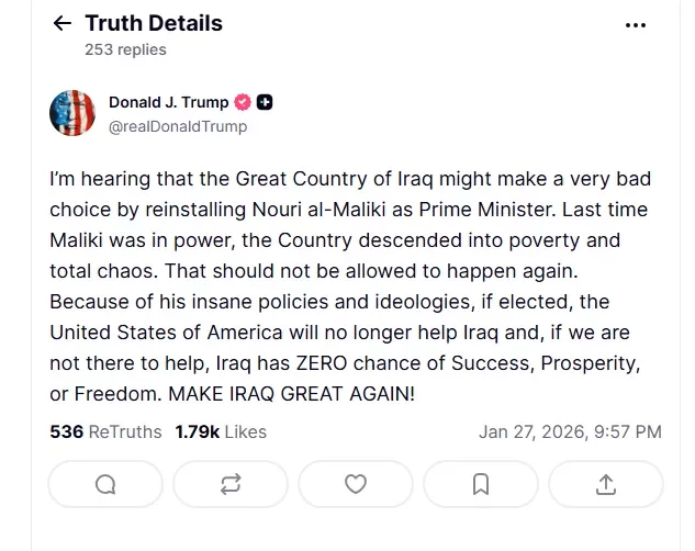 Προειδοποίηση Τραμπ προς Ιράκ: Τέλος στην αμερικανική βοήθεια αν επιστρέψει ο Μαλίκι ως πρωθυπουργός