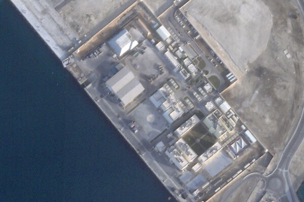 This satellite image from Planet Labs PBC shows a French naval base called Camp de la Paix in Abu Dhabi, United Arab Emirates, Feb. 18, 2026. (Planet Labs PBC via AP)