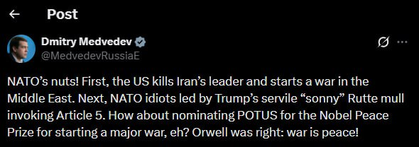 Μεντβέντεφ τσιτάρει 1984: «Ο πόλεμος είναι ειρήνη - Το ΝΑΤΟ είναι τρελό»