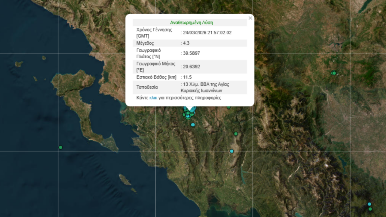 Σεισμός 4,3 βαθμών της κλίμακας Ρίχτερ κοντά στην Αγία Κυριακή Ιωαννίνων