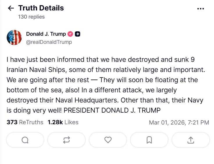 Τραμπ: Καταστρέψαμε 9 ιρανικά πολεμικά πλοία και το αρχηγείο του Ναυτικού τους
