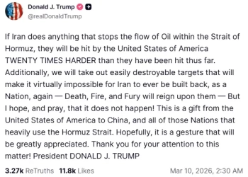 Τραμπ: «Θάνατος, φωτιά και οργή» αν το Ιράν μπλοκάρει τη ροή πετρελαίου στα Στενά του Ορμούζ