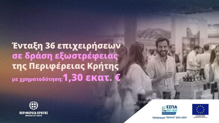 Ένταξη 36 επιχειρήσεων σε δράση εξωστρέφειας της Περιφέρειας Κρήτης με χρηματοδότηση 1,30 εκατ. ευρώ